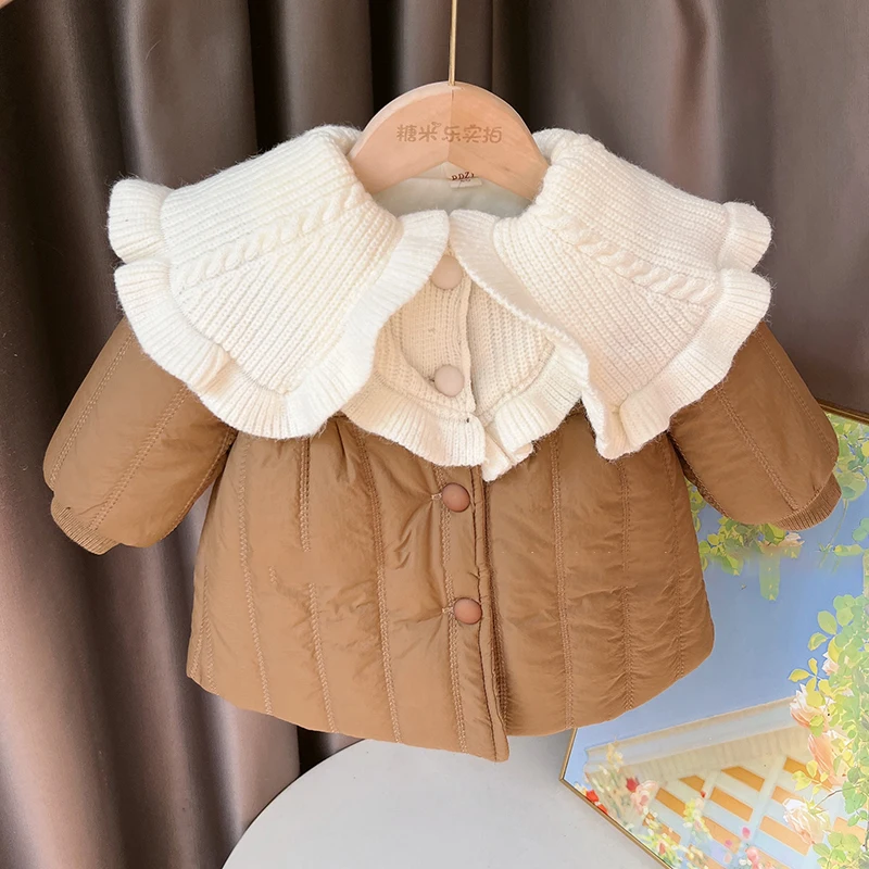 

Плотное хлопковое пальто для маленьких девочек, зимняя новая милая вязаная теплая куртка с отложным воротником, Детская бархатная верхняя одежда в Корейском стиле