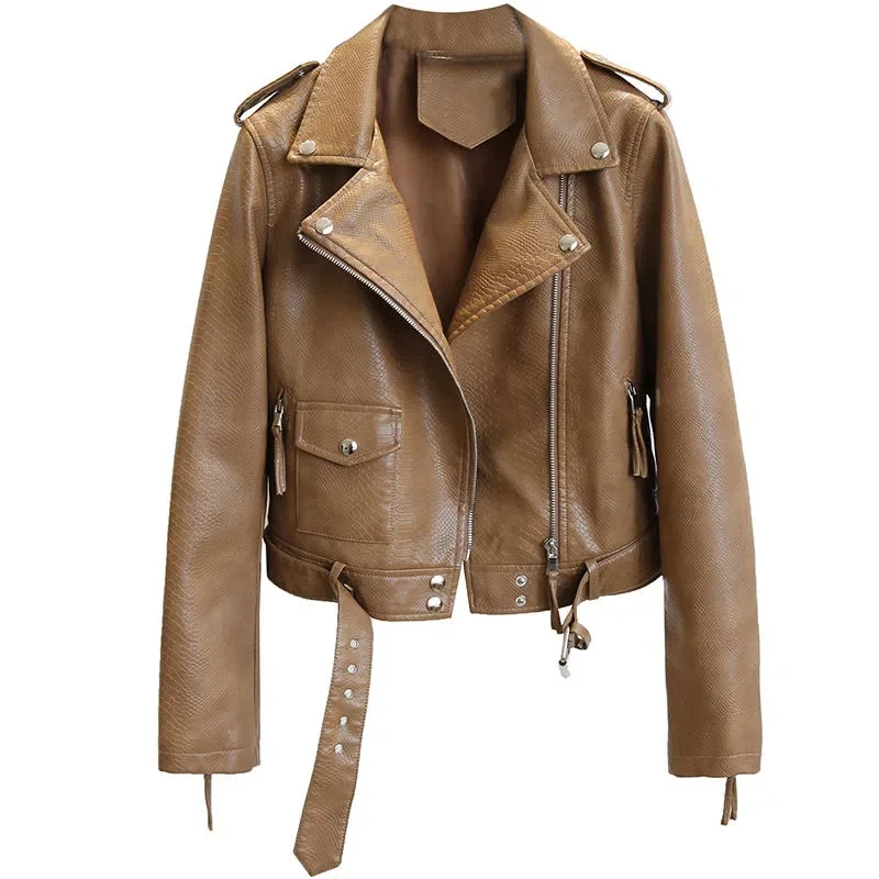 

Brown Leather Jacket Women Short Coat Spring Autumn Lace-up Slim Motorcycle Leather Outerwear Snakeskin Pattern PU Jackets