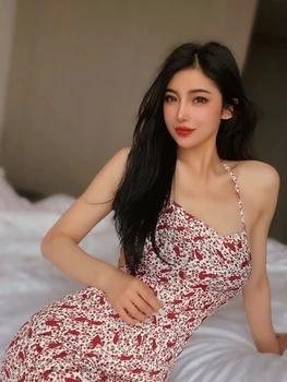 2022 Summer New Sexy Halter Backless Flower Split Mini Dress Slim Hot Fashion Korean Boho Hollow Out 3