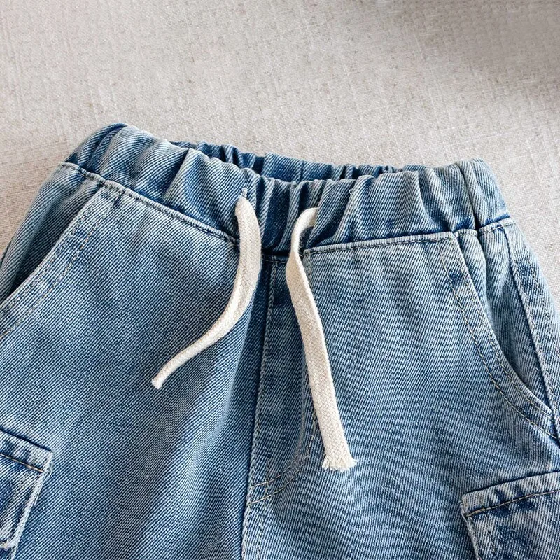 Neue Sommer-Jeans-Shorts für Jungen, modisch, einfarbig, mit Taschen, locker sitzende, dünne Denim-Hosen für 2-10 Jahre alte Kinder, lässige Hosen – Detail 3