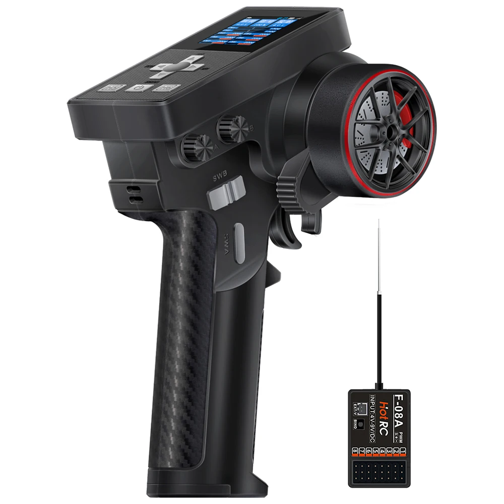 Émetteur RC HotRC CT-8B 8 canaux 2.4GHz avec récepteur F-08A, vue détaillée des commandes