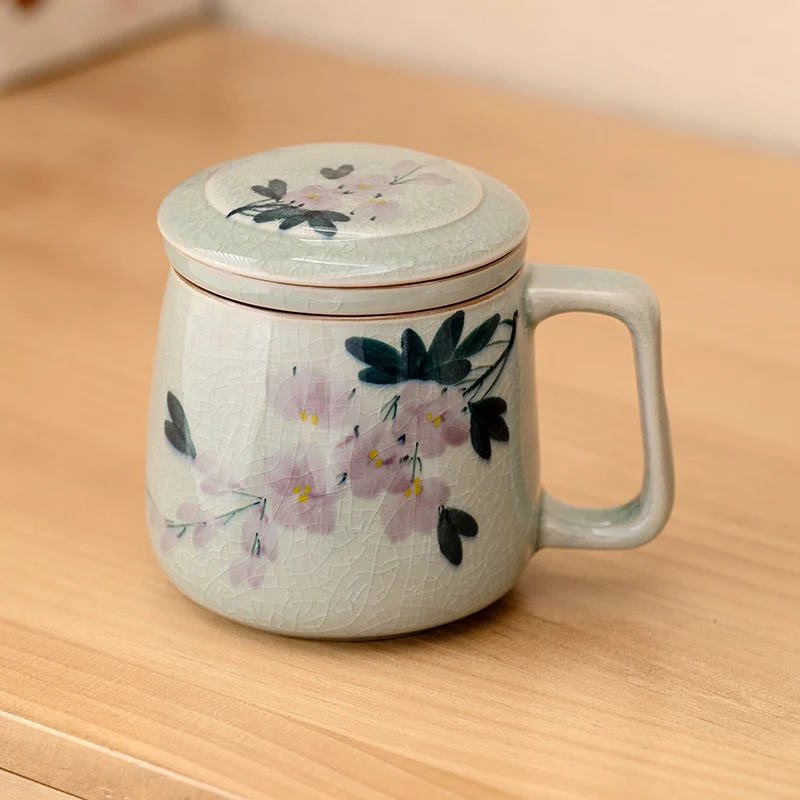 Chinese Style Tea Filtering and Separation Cups With Cover Personal Ice crack pattern Mug Home Drinkware Ceramic Office Cup, 1Pc