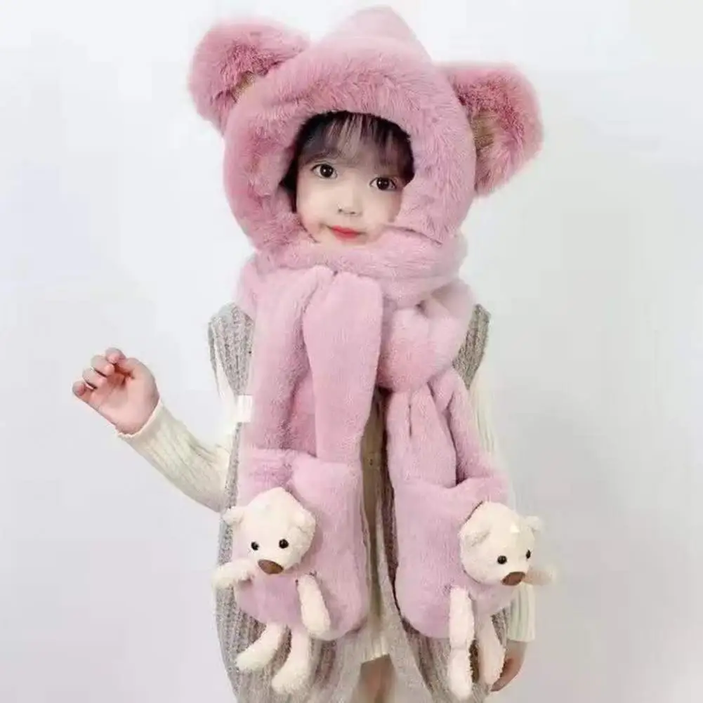 Kids Hat Neck Scarf Gloves Set 3 In 1 Cute Thickened Plush Ear Protection Hat Cartoon Bear Decor Boys Girls Holiday