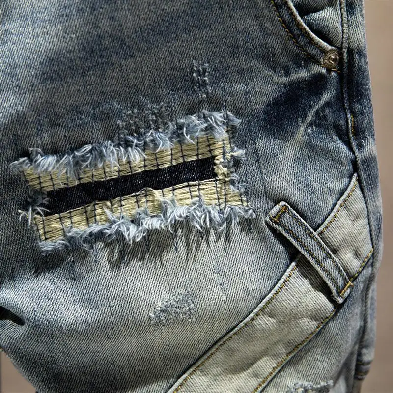 New Men's Ripped Jeans Trendy Splicing Loose Denim Shorts High Street Fashion Hip-Hop Streetwear Men's Clothing shorts for men