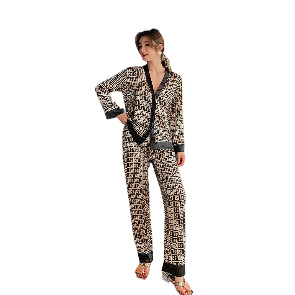 Women's Pajamas Set V Neck Design Luxury Cross Letter Print Sleepwear Silk Like Home Clothes Large Size Nightwearr Female Suit