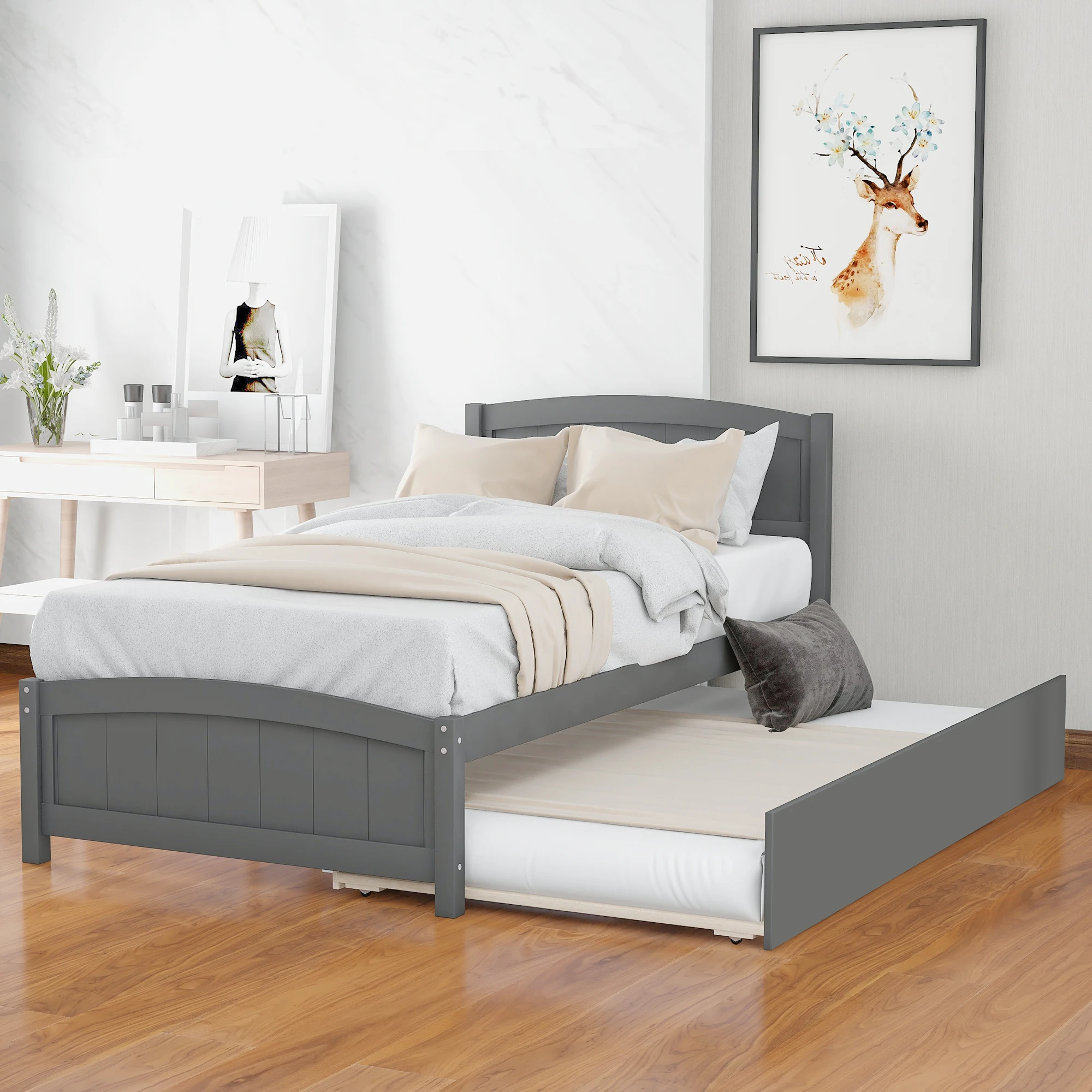 Double Bed Platform Bed With Rollers In Modern Wooden Frame, Grey