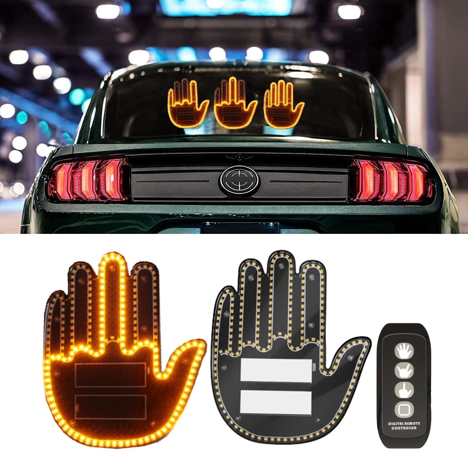Lumière LED de doigt de voiture avec télécommande, signe de fenêtre  arrière, doigt du milieu, geste drôle