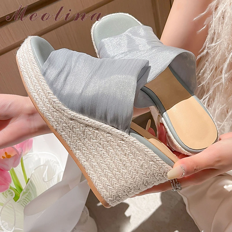 

Meotina Women Slides Round Toe Platform Sandals Wedges High Heels Slippers Espadrille Pleated Ladies Casual Shoes Summer Blue 40