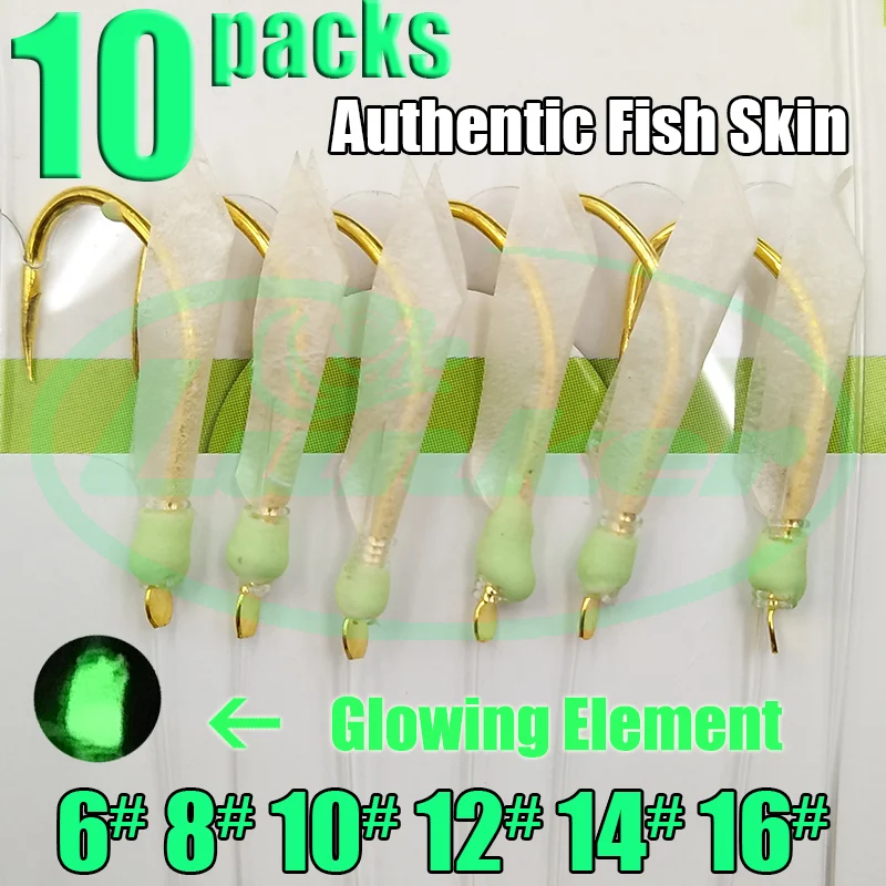 Lunker Sabiki Rigs 10er-Pack Echte Fischhaut-Haken aus Hochkarbon-Stahl Salzwasser-Angelzubehör mit Leuchtelementen – Detail 1
