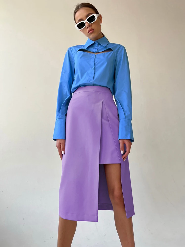 

Asymmetric Fashion Midi Skirts For Women 2024 Spring High Waist Zip-up Spilt Solid Long Faldas Female Casual Office Lady Skirt