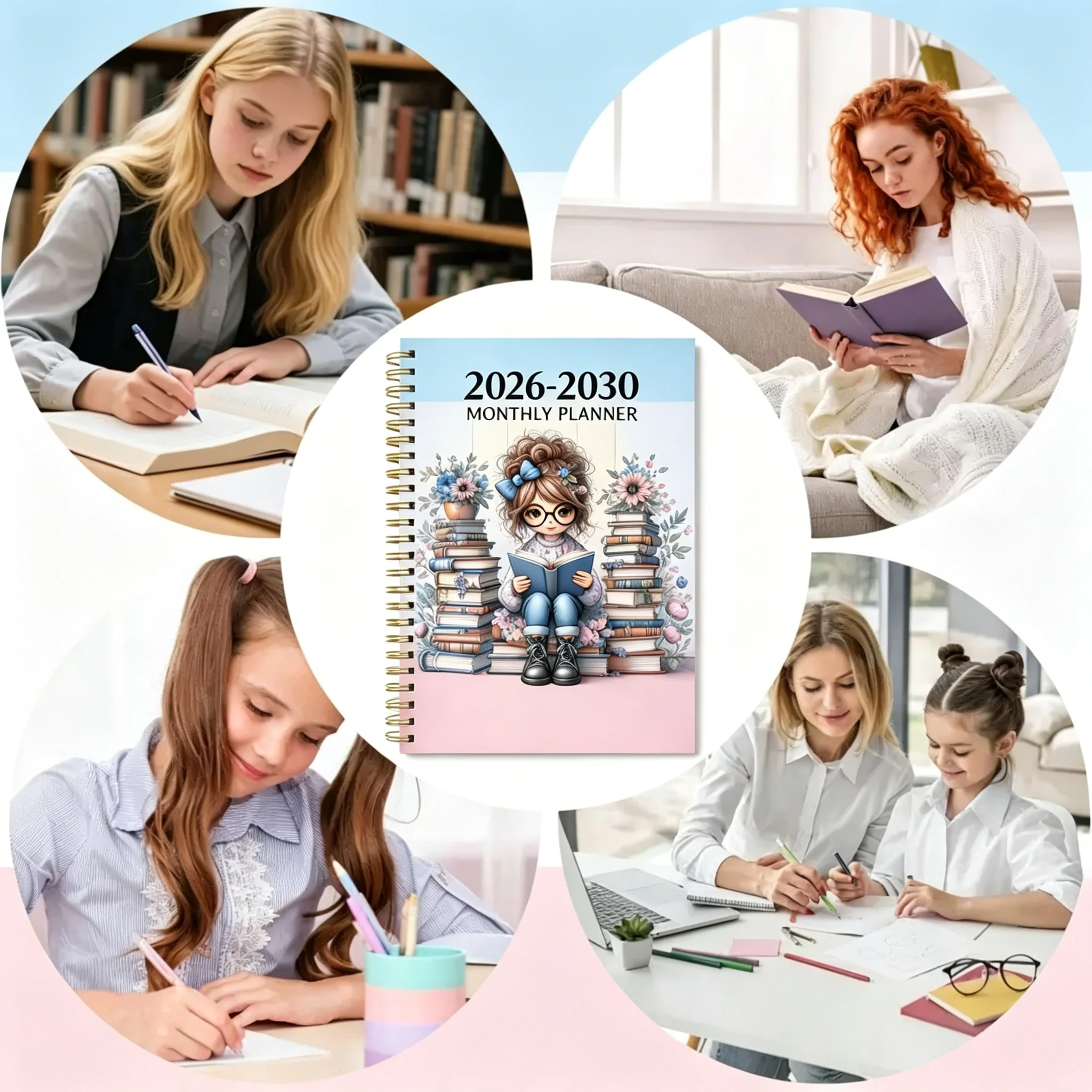 2026-2030 월간 플래너, 5년 학업 다이어리, 스프링 제본 북 러버 노트, 5.5인치 x 8.3인치, 71페이지