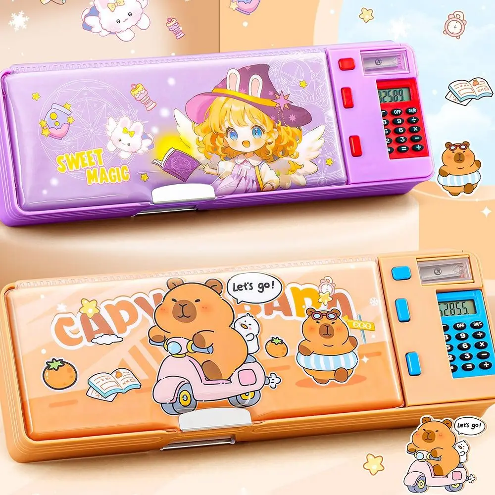 Multi-Functional Plastic Pencil Case with Fun Mechanism Design and Built-in Calculator & Sharpener