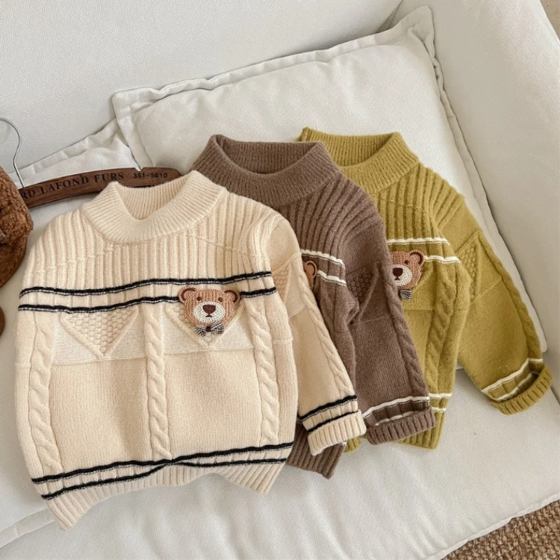 

Toddler Boys Knitted Sweaters Striped Crew Neck Autumn Winter Pullover Sweatshirts Cute Bear Decorated Kids Clothes