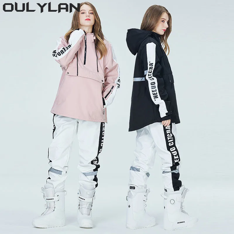 

Oulylan Couples Ski Suit Women Ski Jackets and Pants Set Two Pieces Loose Print Letters Waterproof Snow Suit Men Winter Snowsuit