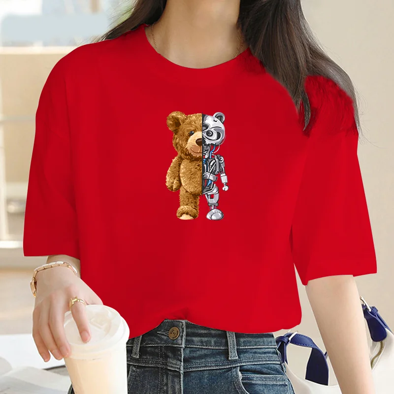 Funny Teddy Bear Robot Tshirt Robotic Bear Men Short Sleeve Fashion Casual Clothing Summer Cotton Tees Oversized Street T-Shirts