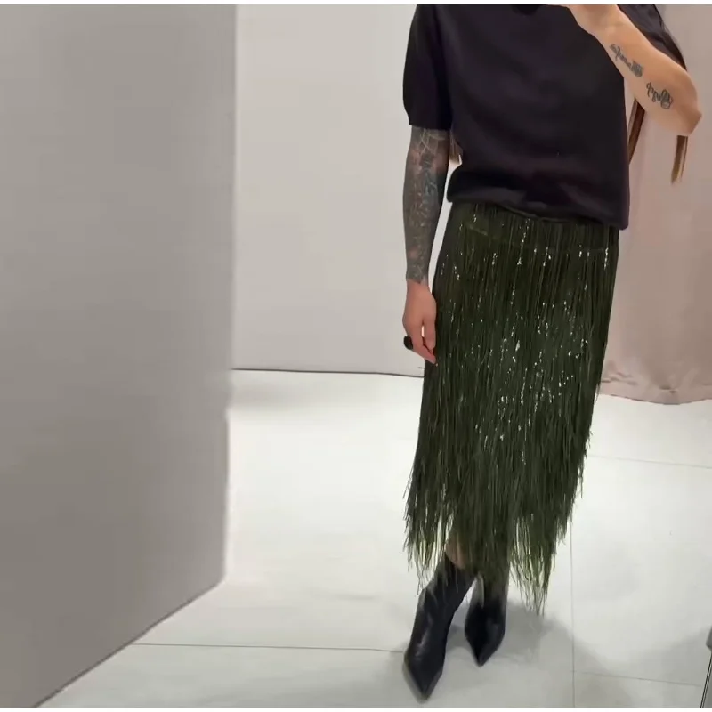 Women's Olive Green Sequin Fringe Midi Skirt Sparkly Tassel Party Skirt for Evening Clubwear 2025 Festival New Sexy Lady Skirts 25 S6c438fe09bb84592a72613a2c0f53317T