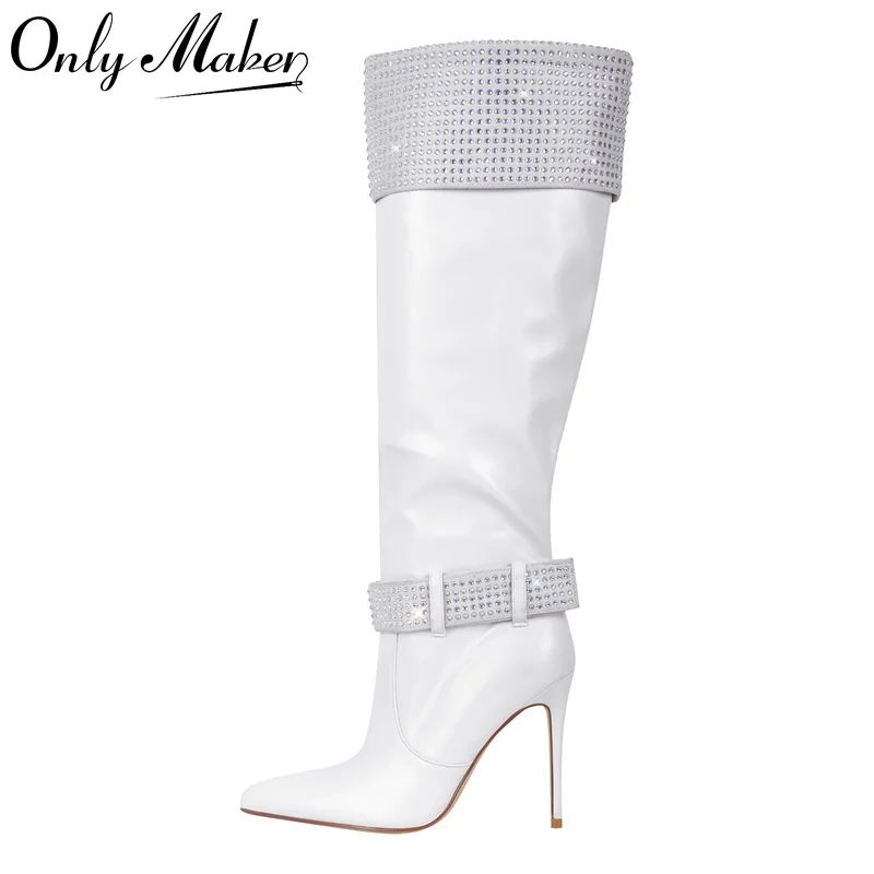 

Onlymaker Women Pointed Toe White Matte Knee High Boots Stiletto Fashion Rhinestone Long Boots