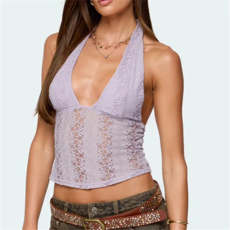 Women's Lace Tank Tops Sleeveless Deep V Neck Solid Color Lettuce