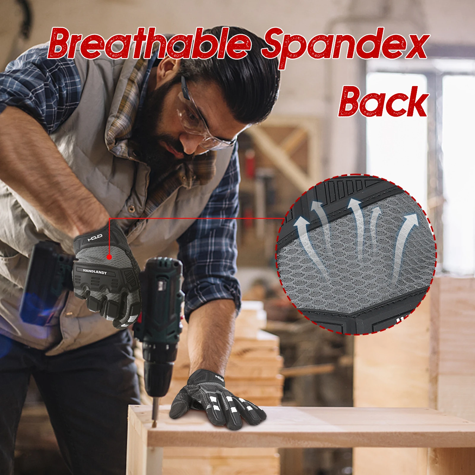 Work Gloves HANDLANDY Impact Reducing Heavy Duty with Grip Touchscreen Breathable Safety Mechanics