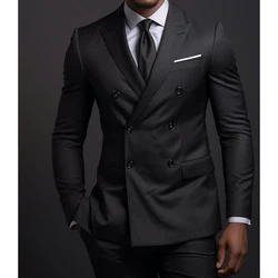 Double Breasted Black Full Set Peak Lapel Elegant Blazer Csotume Homme Formal Prom Party 2 Piece Jacket Pants Luxury Men's Suits