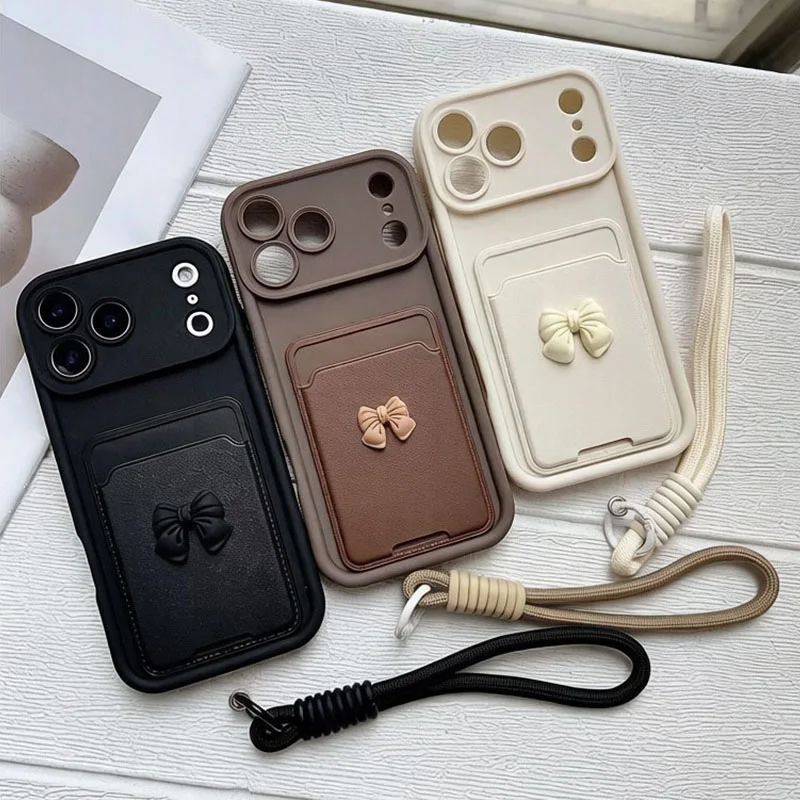 Chic 3D Bow Wallet Phone Case with Lanyard and Soft Cover