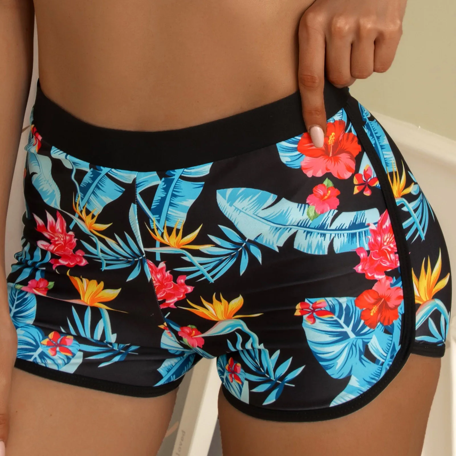 Floral Pinted Women Beach Shorts Buttons Running High Waist Lace Up Swim Bikini Bottom Biker Shorts Swimwear Beach Tankini