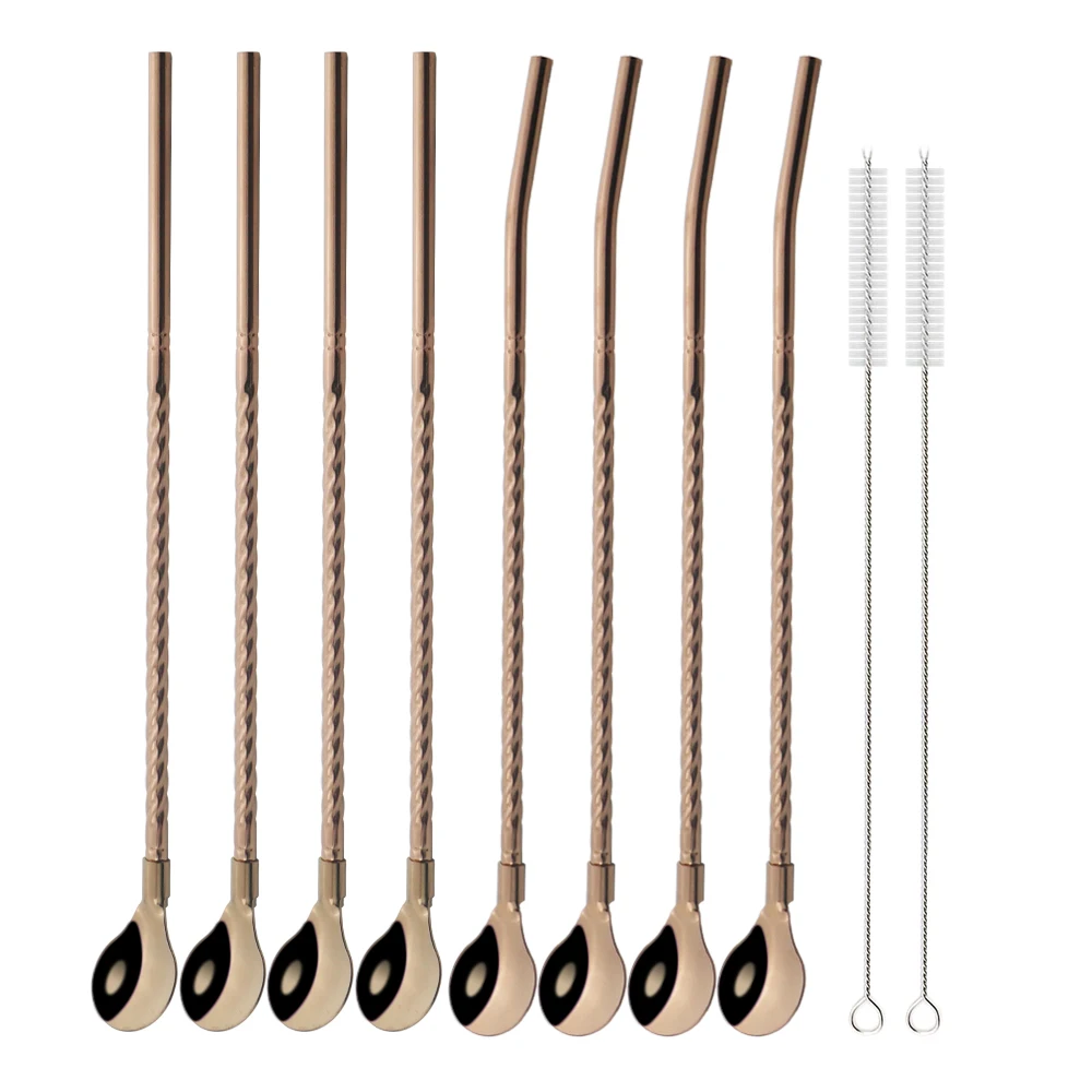 Premium Reusable Stainless Steel Straw Spoon Set - Eco-Friendly Drinking Accessories with Cleaning Brush