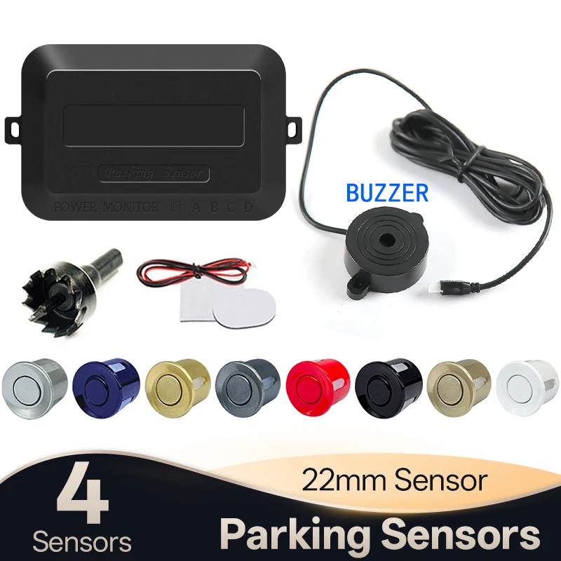 12V Car Parking Sensor Kit 22mm 4 Sensors Reverse Backup Radar Audible Alert Ind