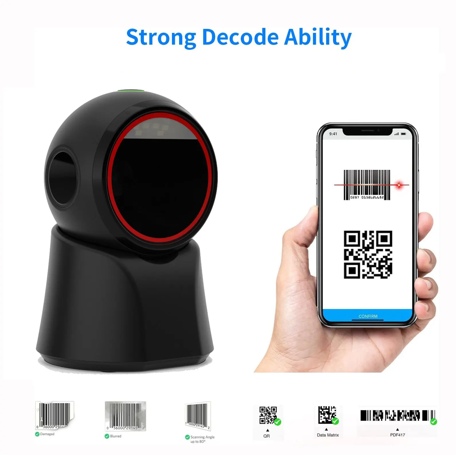 Omnidirectional Automatic Sensing Platform Scanner, Hands-Free USB Wired Image Sensing QR Barcode Reader