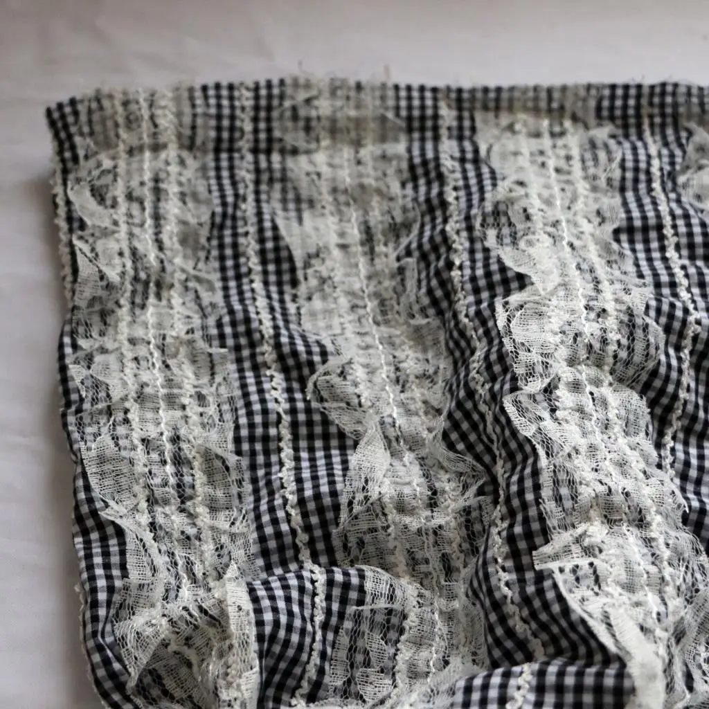 

Korean Style Black and White Plaid Cotton Cloth White Lace Embroidery Craft Sense Clothing Fabrics Cloth Diy