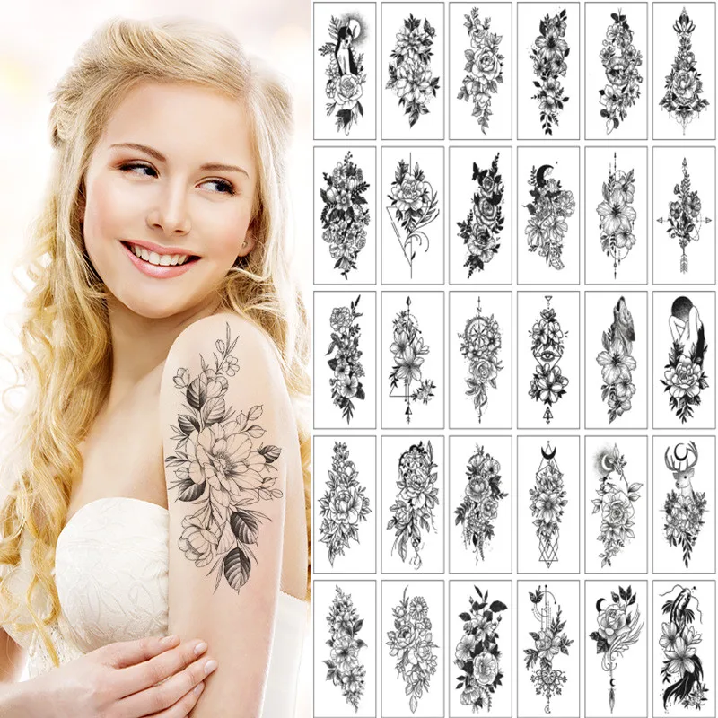 

30pcs/set Sexy Temporary Tattoos for Women Flowers Black Fake Tatto Stickers Waterproof Hands Arm Body Faux Tatouage Pour Femme
