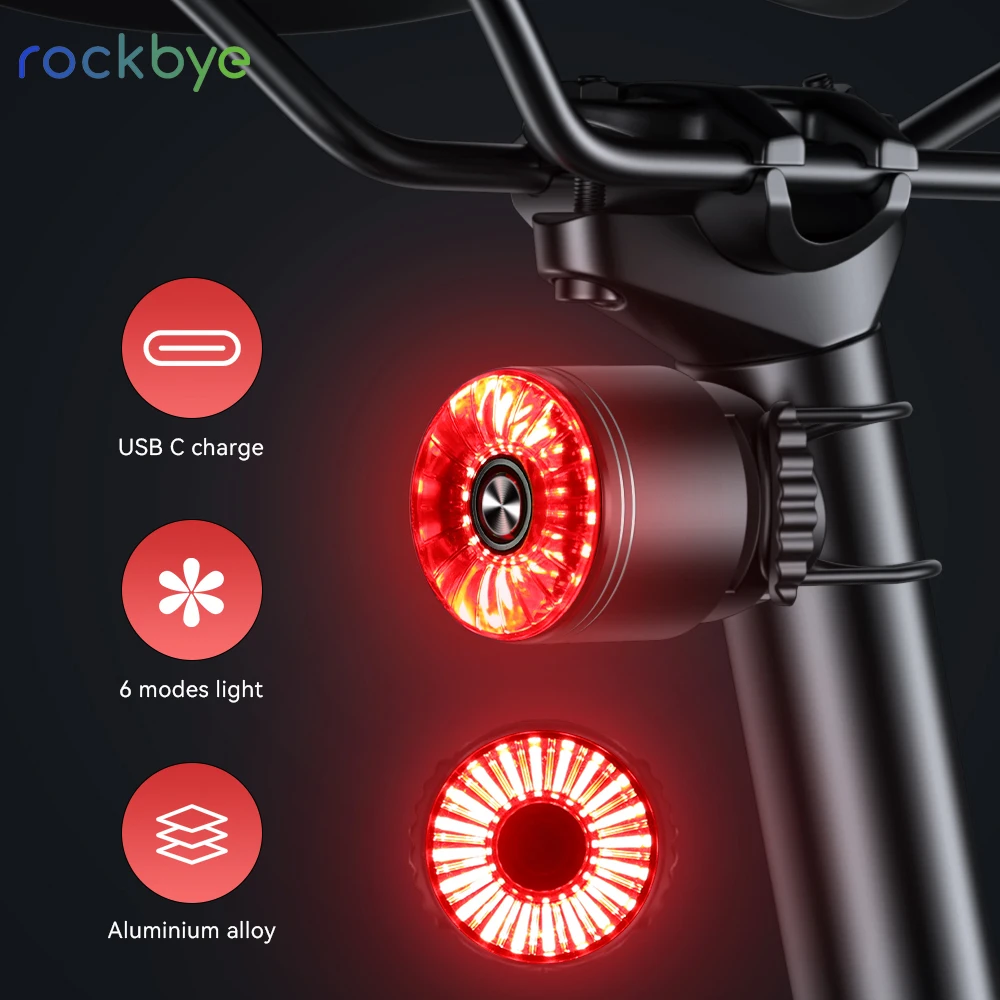 Rockbye 자전거 후방 경고등, IPX65 방수 후미등, USB C 충전 사이클링 램프
