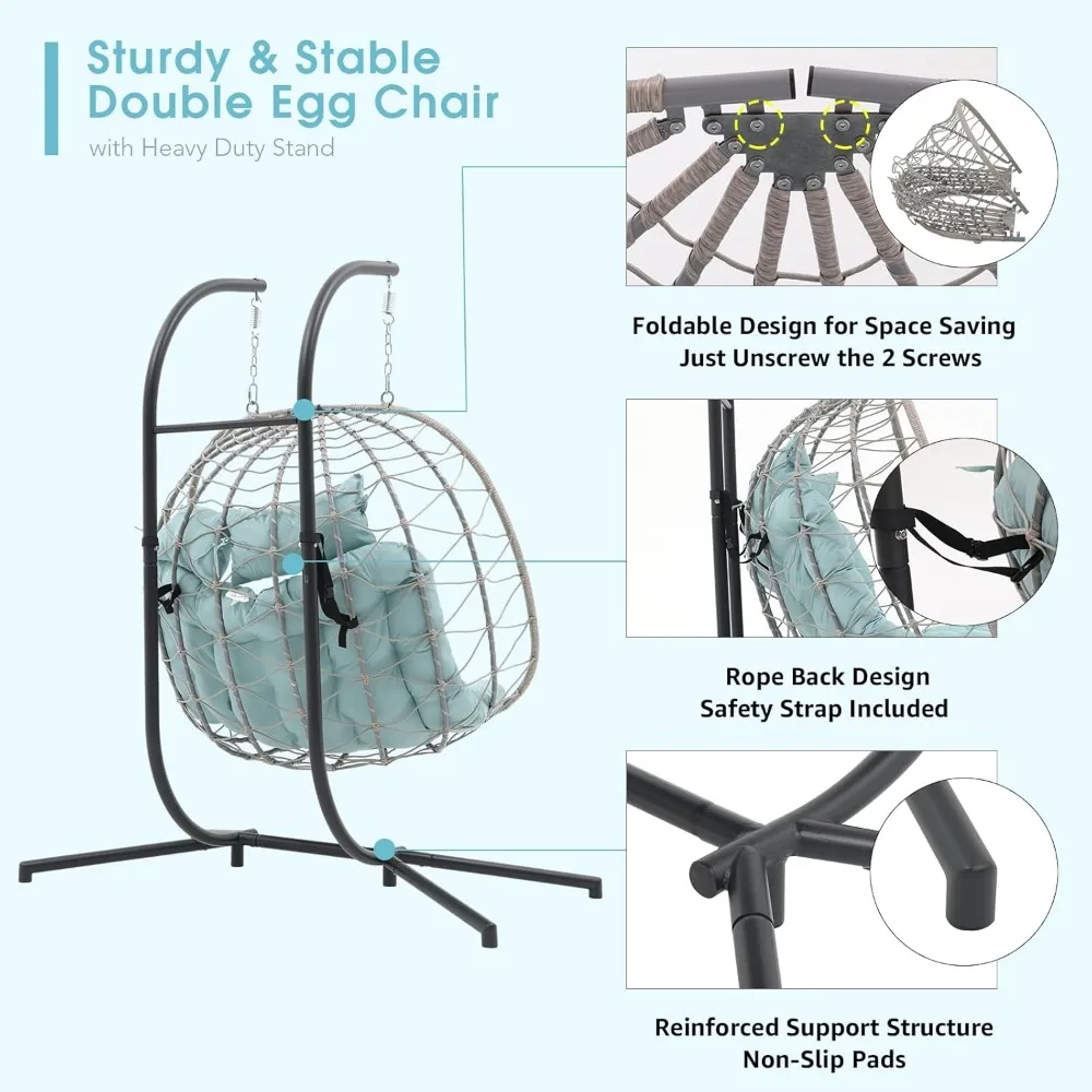 2 Person Double Egg Swing Chair with Stand Indoor Outdoor, Patio Wicker Rattan Hanging Egg Chair w/Cushion, Pillow 2