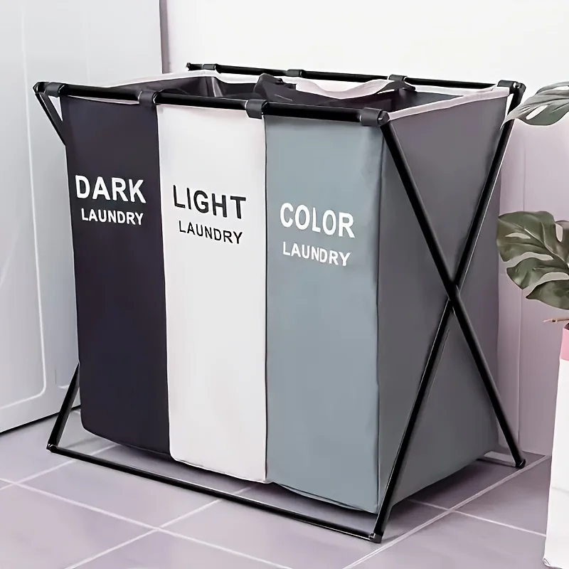3-Section Foldable Laundry Hamper with Oxford Bags & Aluminum Frame - Dark Light Print, Ideal for Home & Dorm Clothes Storage