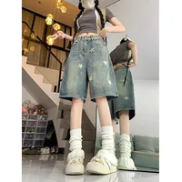 American Style Vintage Women's Short Jeans High Waisted Washed Wide Leg Denim Pants Woman Fashion Do Old Star Knee Length Shorts - Image 3