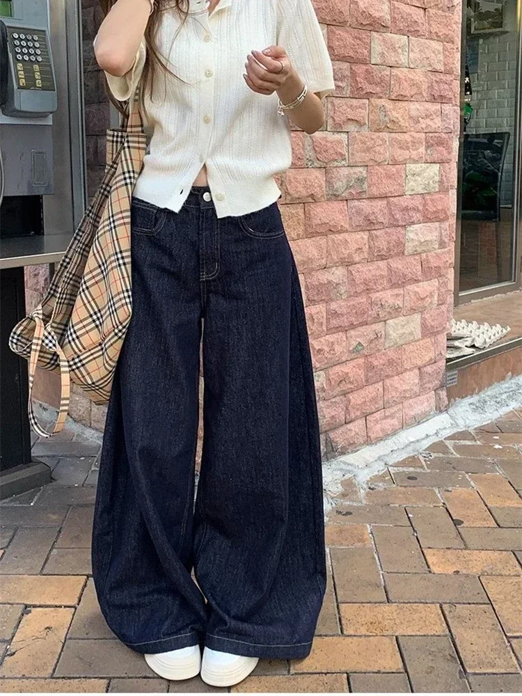 GETADME Women's Deep Blue Loose Wide Leg Jeans Street Cool Girl High Waist Baggy Pants Female Casual Straight Denim Trousers
