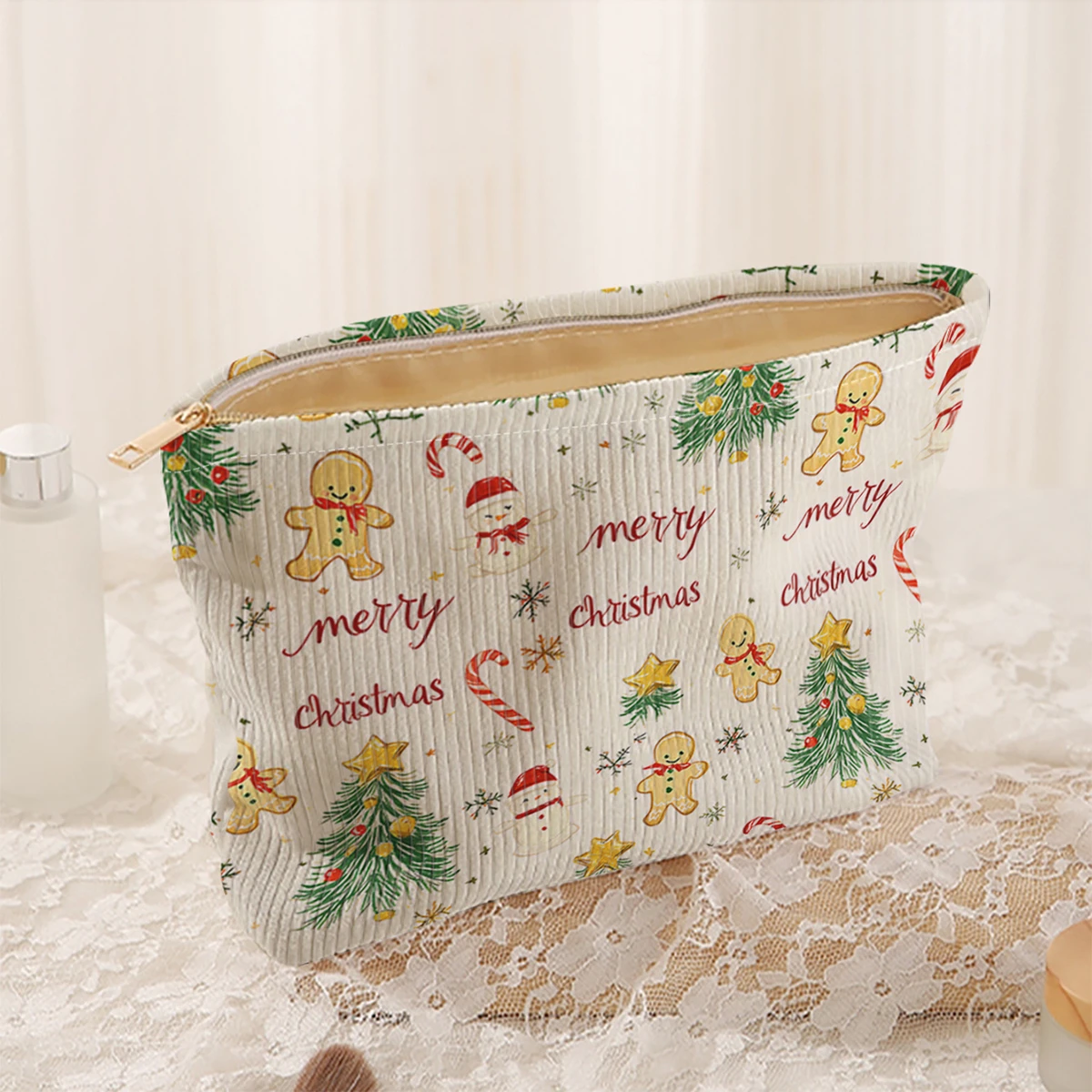 1 Christmas themed corduroy makeup bag, lightweight zipper makeup storage box, multifunctional bag with lining