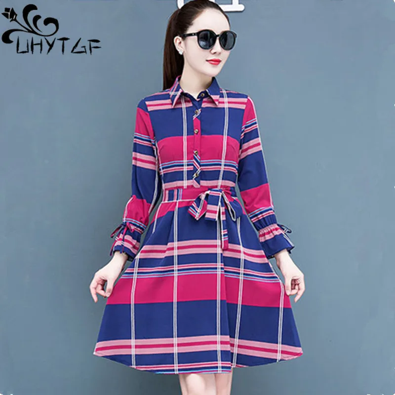 

UHYTGF 2023 Dresses Women's Long Sleeves Plaid Casual Autumn Dresses Female Single Breasted Pullover Elegant Ladies Clothes 2109