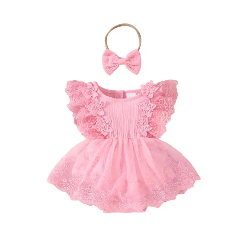 Summer Newborn Baby Girl Clothes Tulle Skirt Sleeveless Lace Jumpsuit Romper Dress With Hairband Baby Girl Outfits 0-18Months