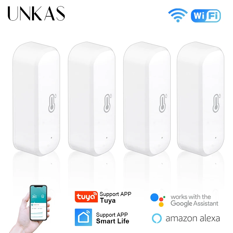 

Умный термометр UNKAS 2/4/6 шт., Wi-Fi датчик влажности и температуры, с монитором, через Alexa Google Home Tuya
