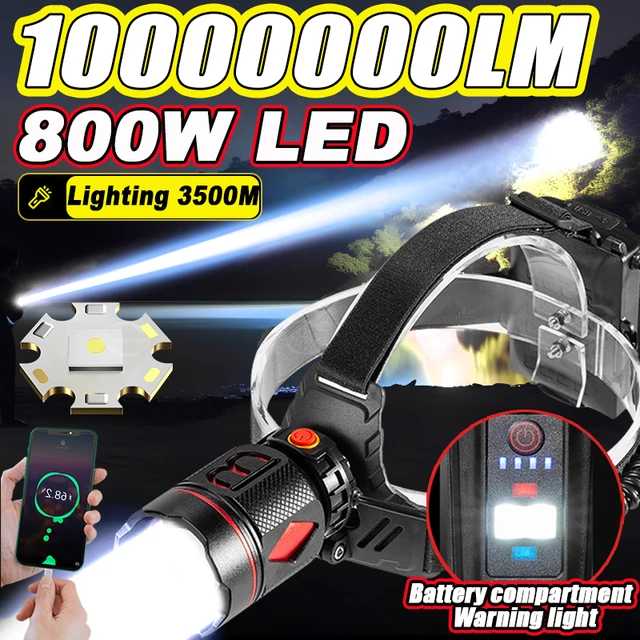 Linterna frontal recargable Ultra potente de 10000000LM, linterna LED para  cabeza de alta potencia de 800W, linterna frontal para pesca y acampada de  3500M - AliExpress