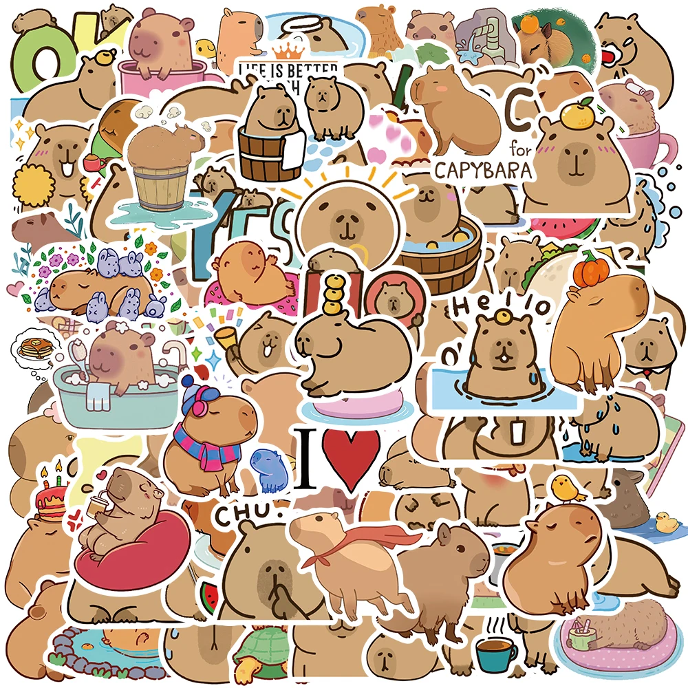 50/100pcs Funny Cute Cartoon Animal Capybara Stickers For Laptop Water Bottle Luggage Skateboard Waterproof Graffiti Decals 50 pcs animal stickers pvc waterproof various cartoon capybara decals diy vinyl art removable luggage laptop graffiti stickers