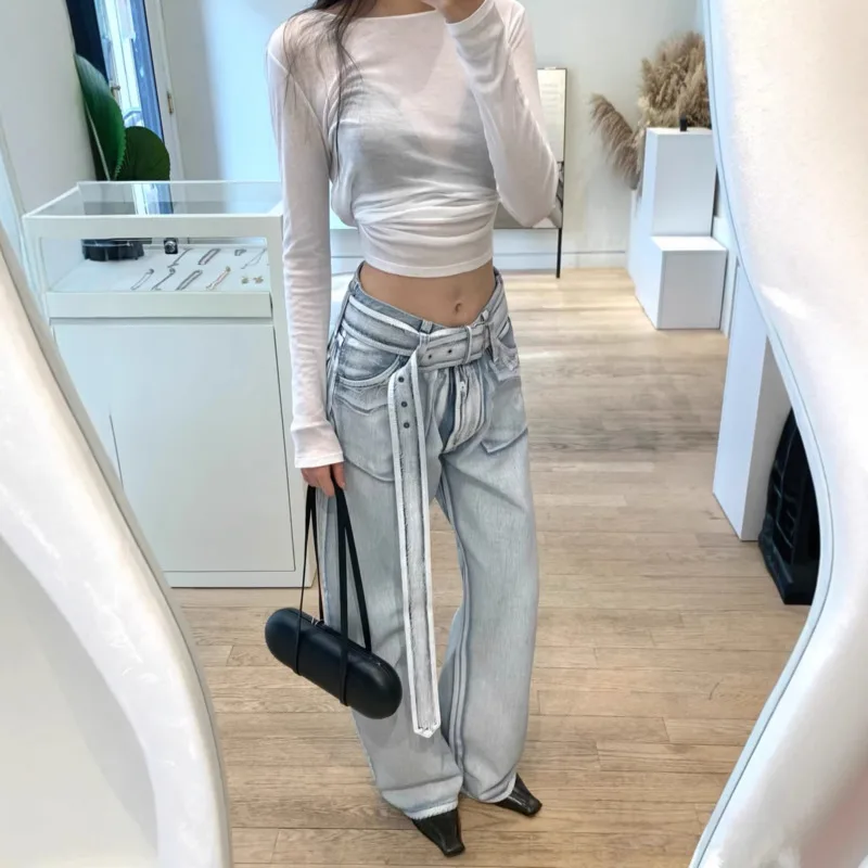 DEAT 2026 뉴 아메리칸 핫걸 스타일 디자인 워싱드 디스트레스드 와이드 웨이스트밴드 와이드 레그 데님 팬츠 여성용 11A08820