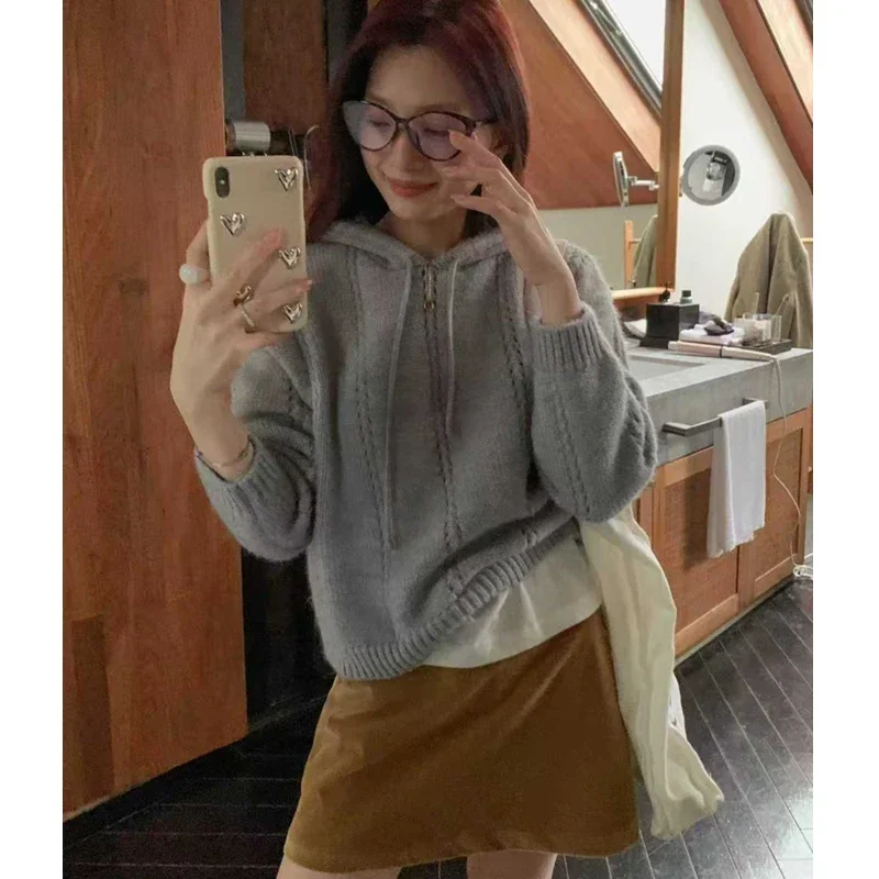 Autumn and Winter Clothes Women Loose Drawstring Hooded Sweater Fashion New Casual Knitted Office Top Knitwear