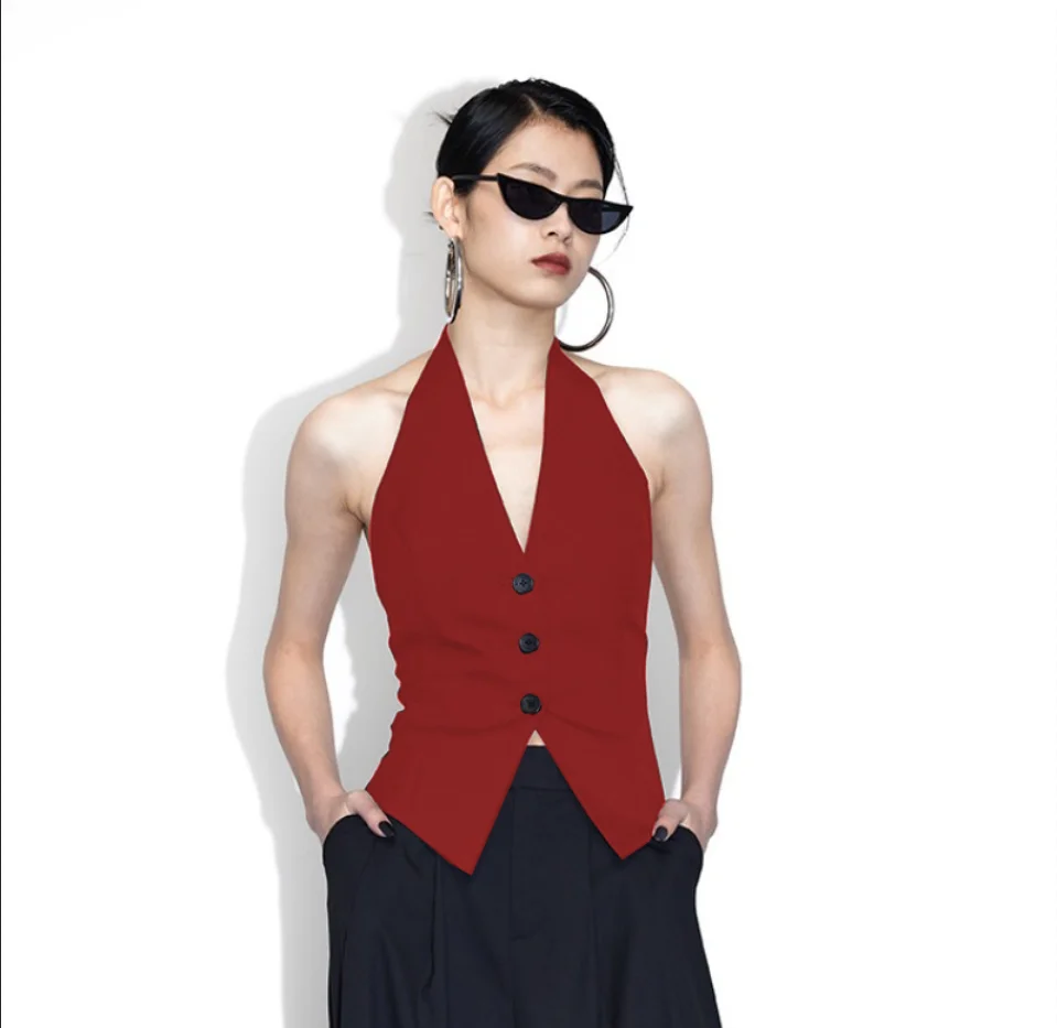 Women's Sleeveless Black Vest Halter Neck Short Slim Fit Design Female Coat Winter New in Matching Sets 2023 New  Promotion