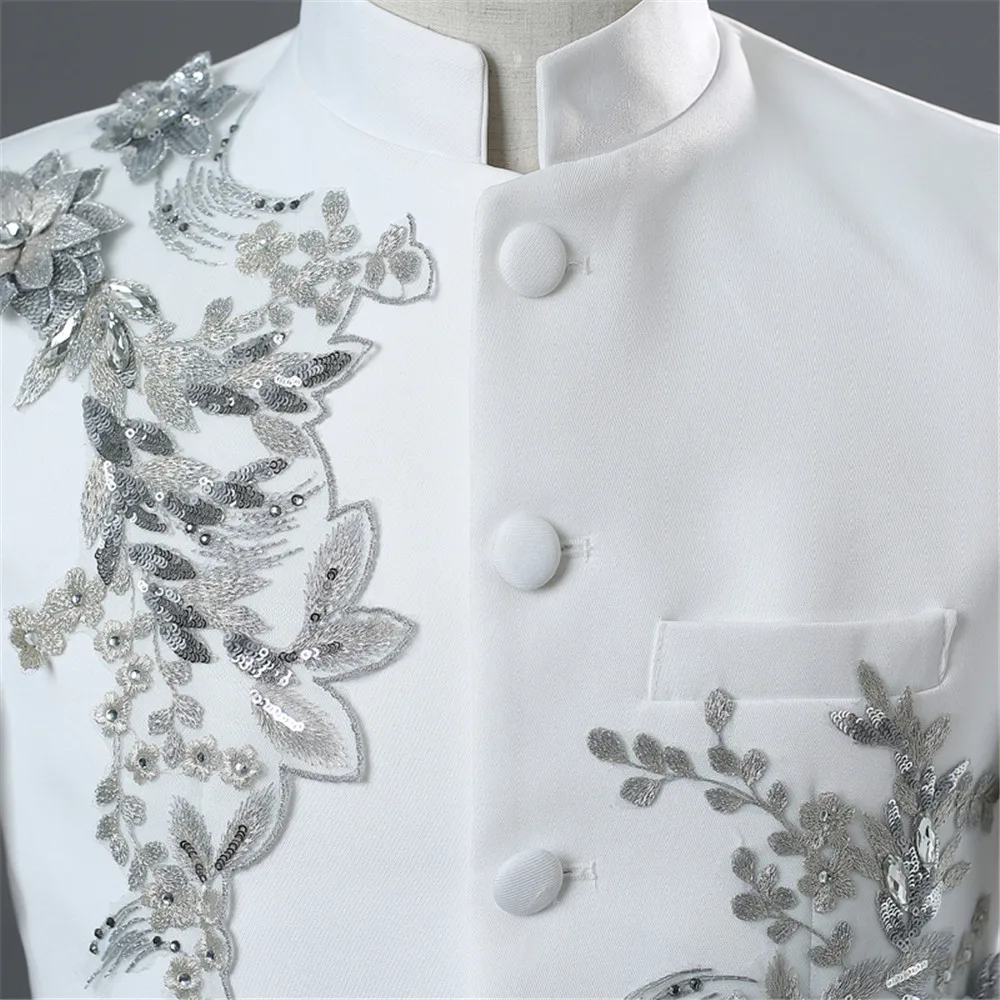 Chinese Tunic Men Mandarin Collar White Black Appliqued Blazer for Wedding Banquet Ceremony 3