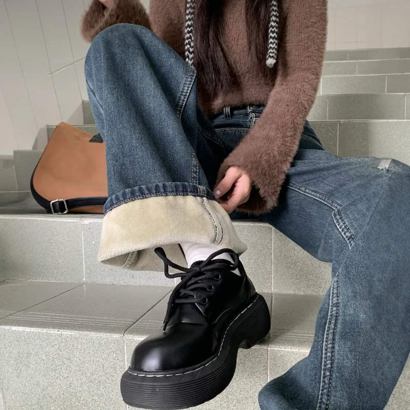 Thick Velvet Baggy Jeans For Women Y2k High Waisted Winter Thermal Wide Leg Pants Female Keep Warm Denim Trousers Retro Blue