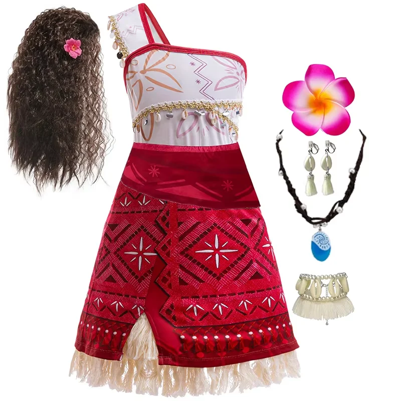Neuestes Film Moana 2-Prinzessin-Kleid für Mädchen, Cosplay, Vaiana-Kostüm, Kinder-One-Shoulder-Hosenträgerkleid mit Schwein-Küken-Outfits