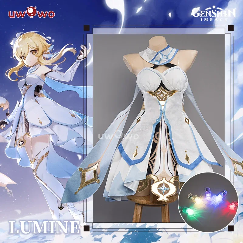 

UWOWO Traveler Lumine Cosplay Costume Game Genshin Impact LED Female Lumine Dress Full Set Oufits with Shinning Lights