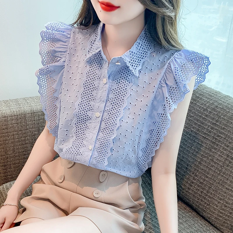 Elegant Fashion Flying Sleeve Blouses Women Korean Lace Hollow Out Blusas Mujer Summer Aesthetic Button Shirts Embroidery Tops